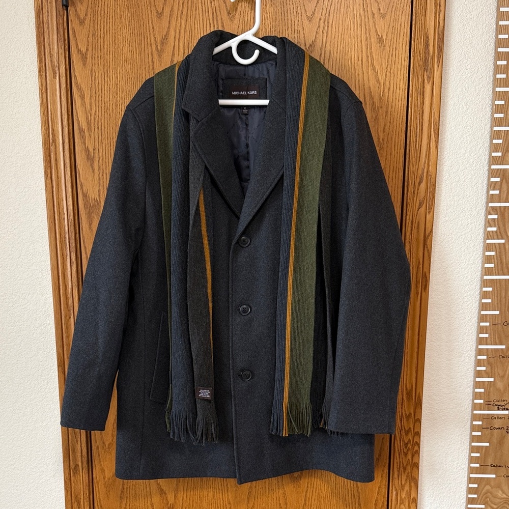 Michael Kors Men's Dark Gray Wool Coat with Striped Scarf